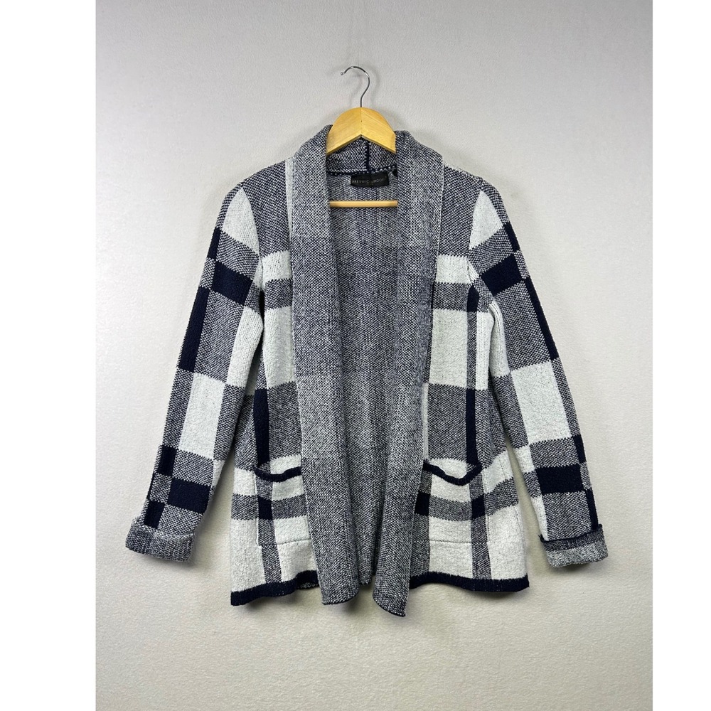 Preswick & Moore Cardigan Sweater Womens PS Navy Blue White Plaid Open‎